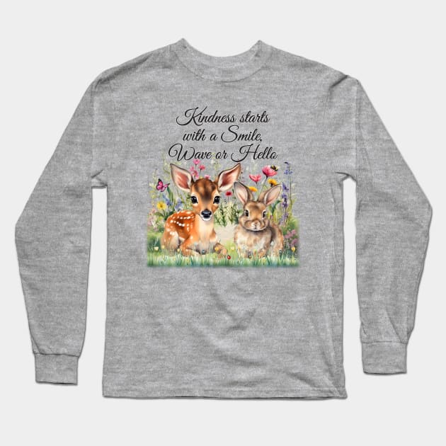 Deer and Bunny in flowers. Long Sleeve T-Shirt by KEWDesign